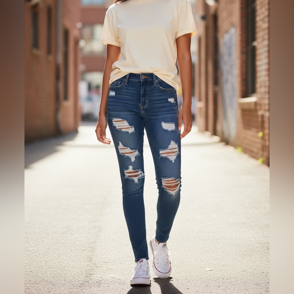 American Eagle Outfitters Ripped Dark Blue High-Rise Skinny Jeans